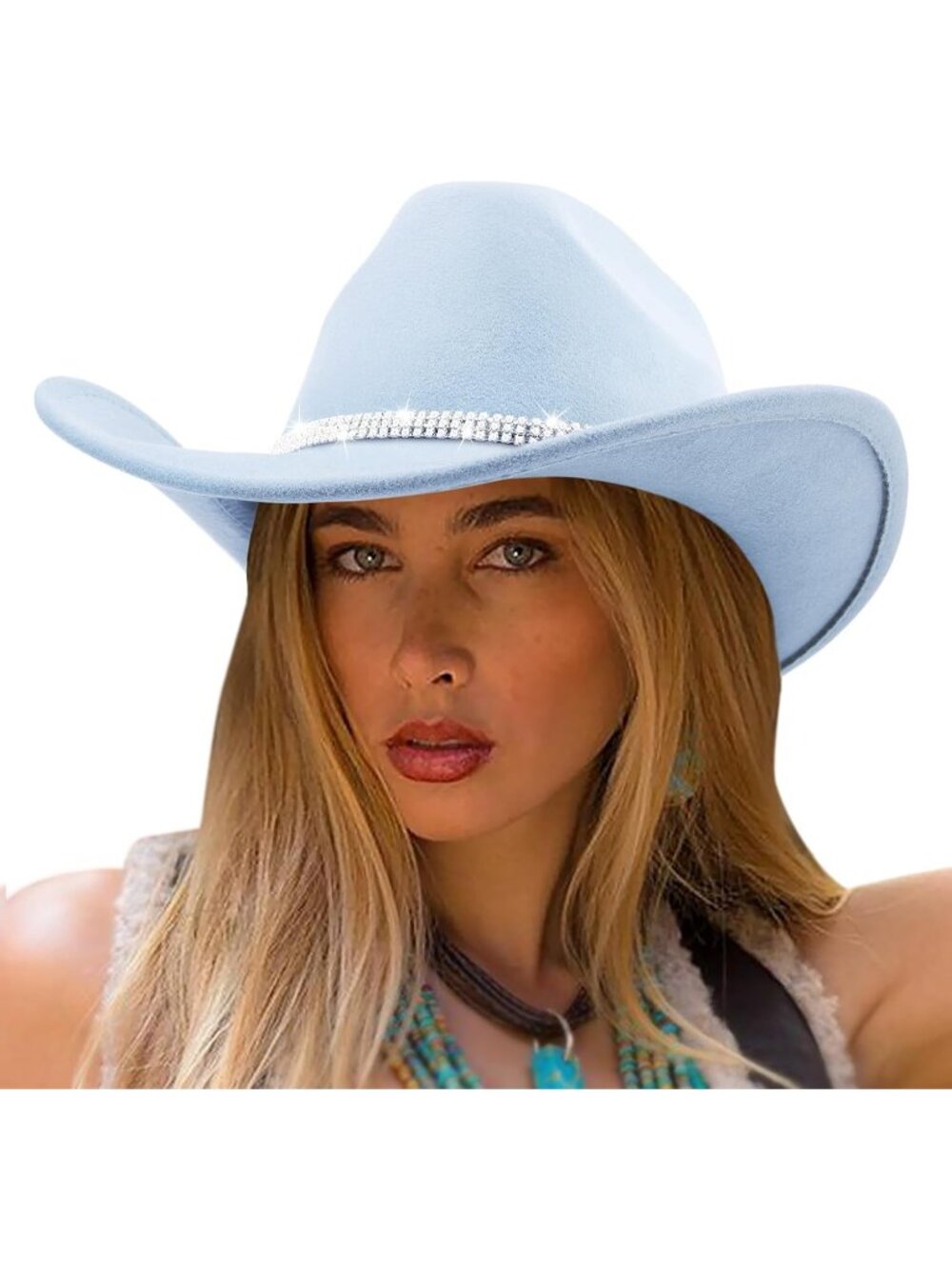 Women's Sky Blue Glitter Rhinestone Wide Brim Felt Cowboy Western Cowgirl Hat
